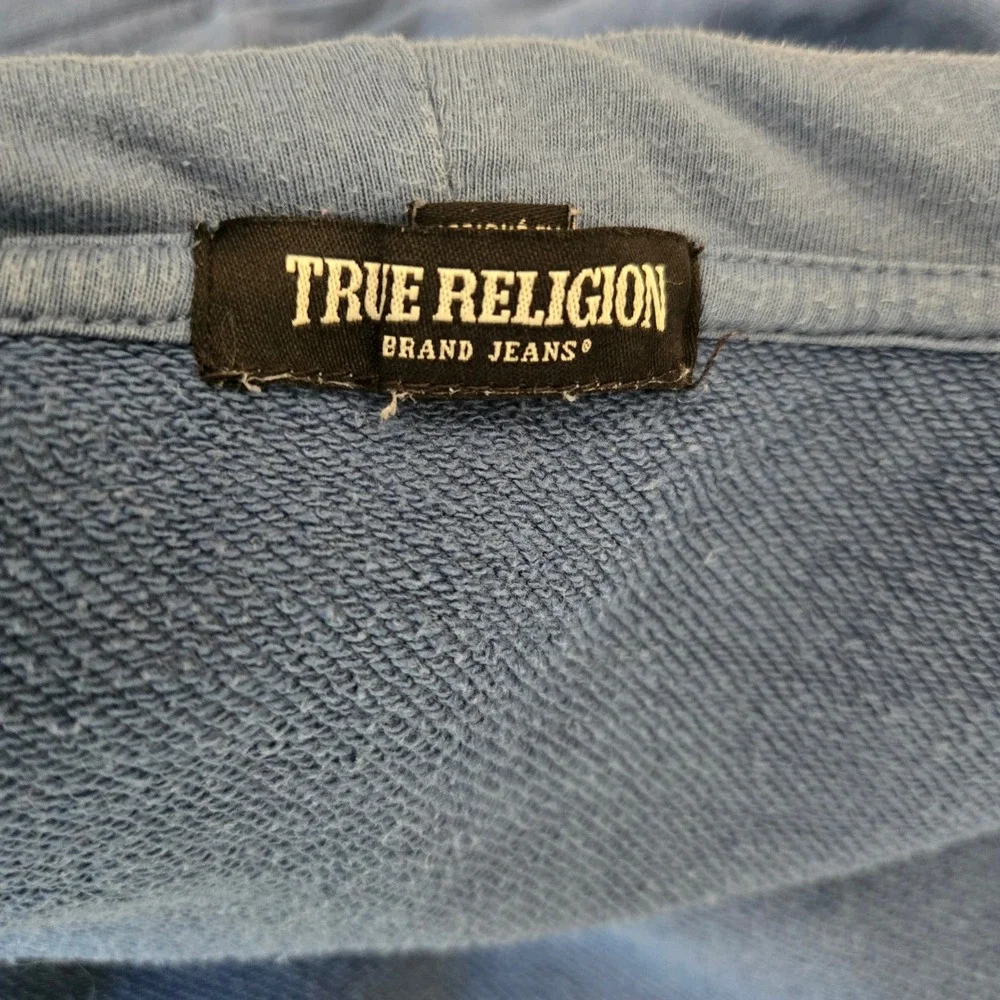 True Religion Y2K Mens Skater Hoodie Blue Buddha Guitar Horseshoe Logo Size L